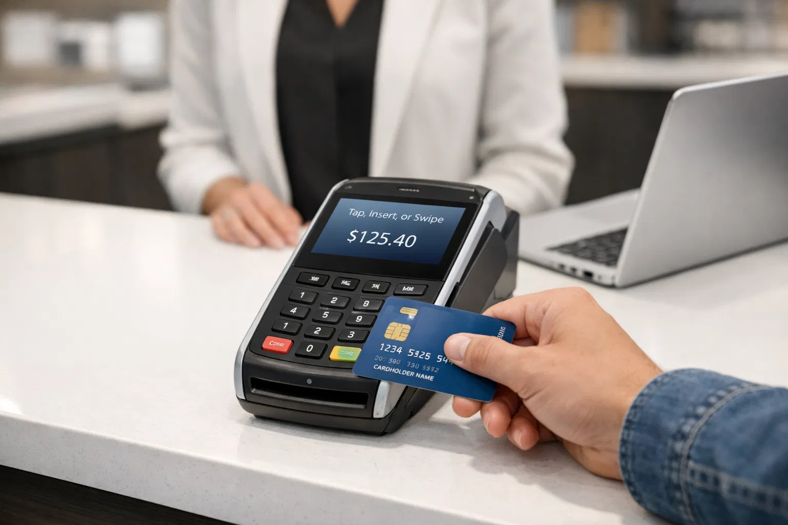 Modern payment terminal processing a card payment