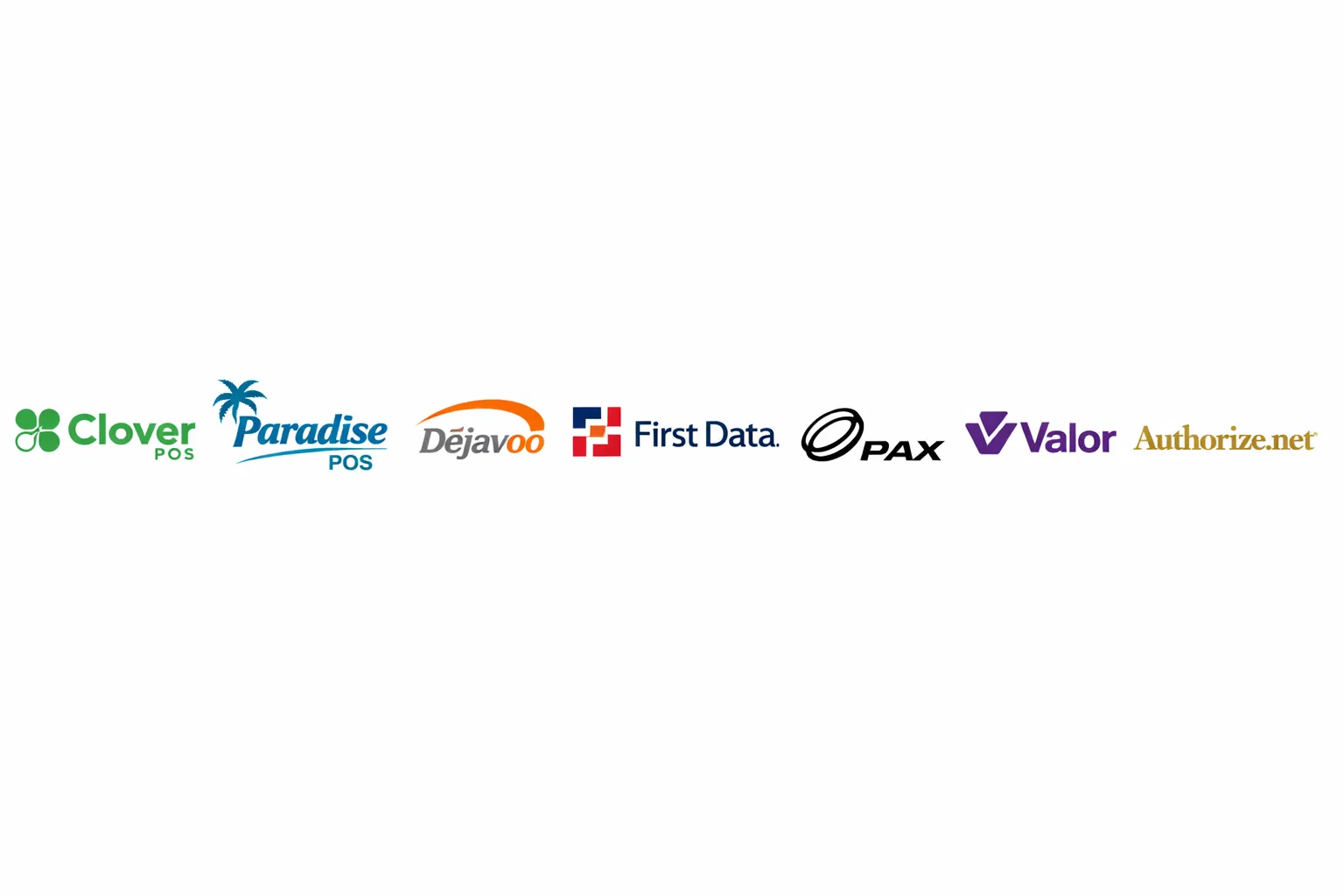 Supported POS systems — Clover, Paradise POS, Dejavoo, First Data, PAX, Valor