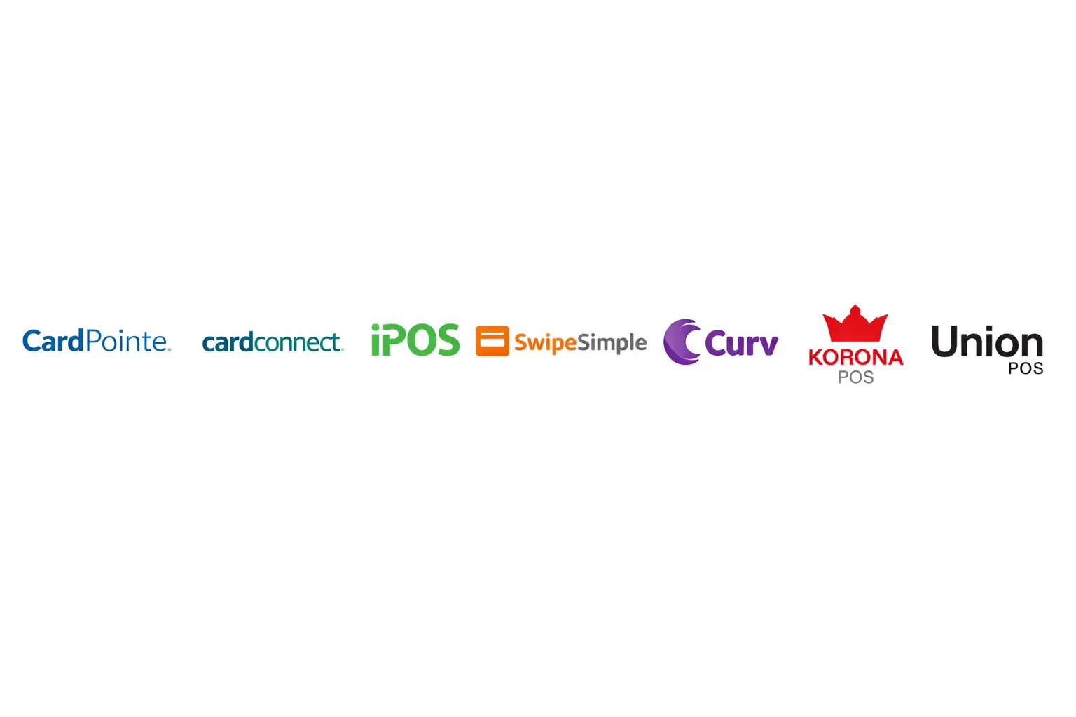 Supported POS systems — Authorize.net, CardPointe, CardConnect, iPOS, SwipeSimple, Curv, KORONA POS, Union POS